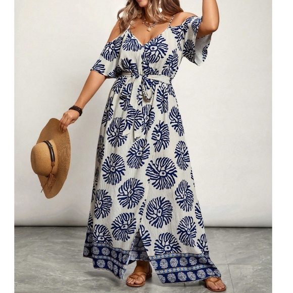 Plus Tropical Leaves Print Cold Shoulder Belted Maxi Dress - Picture 5 of 7